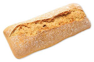 Par-baked mediterranean-style ciabatta bread in rectangular shape with a crunchy crust and a soft crumb.