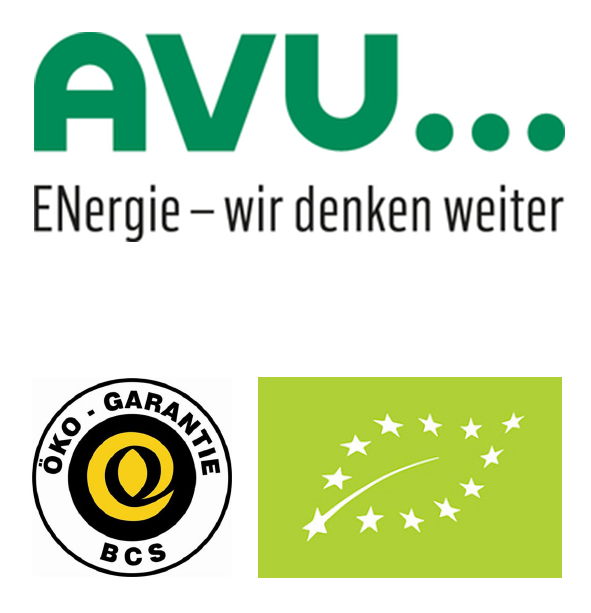 Logos of AVU, eco and organic.